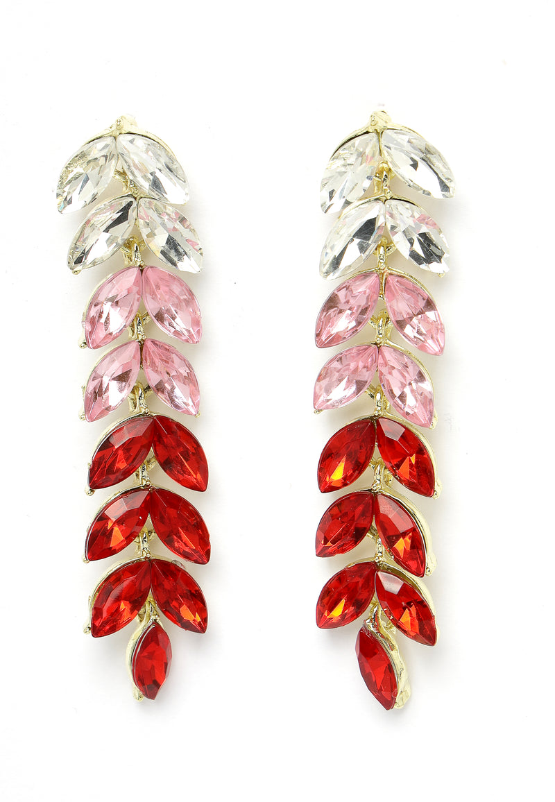 Long Drop Earrings With Sparkling Red Leaves