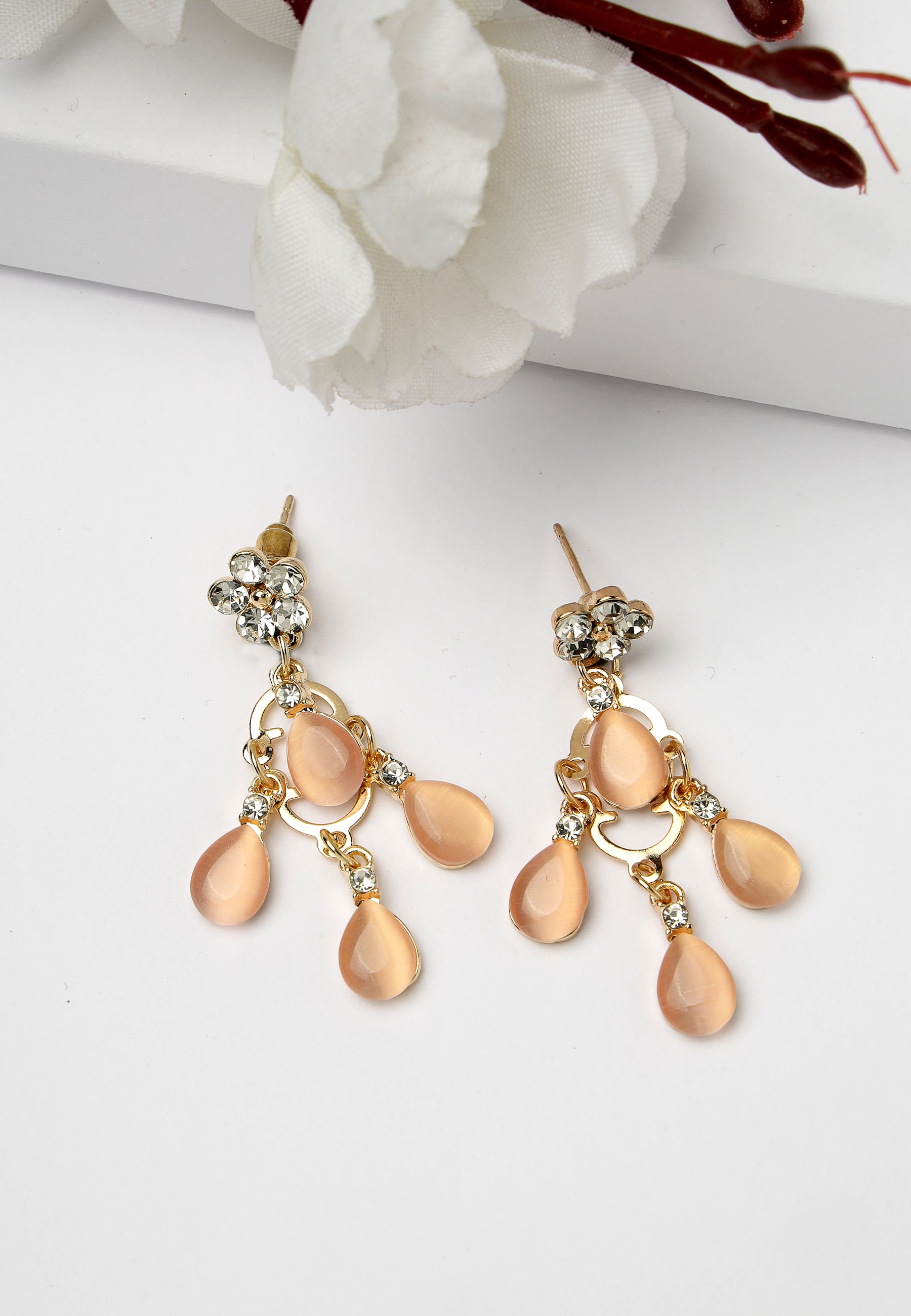 Peach Chandelier Earrings With Floral Accents