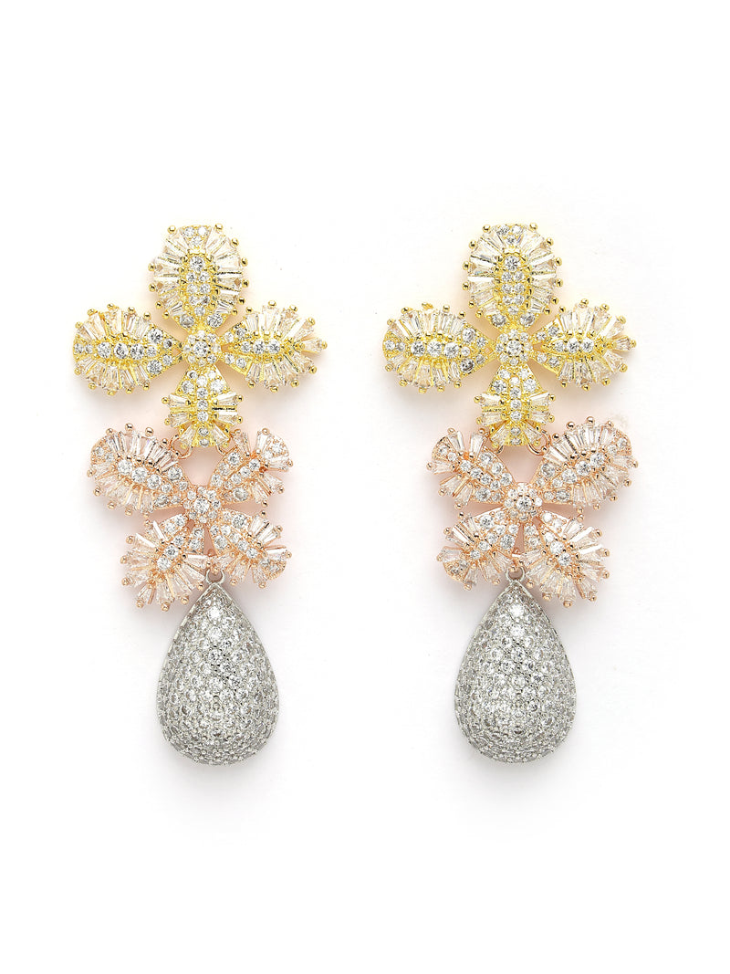 Cubic Zirconia Dual Flower Drop Earrings