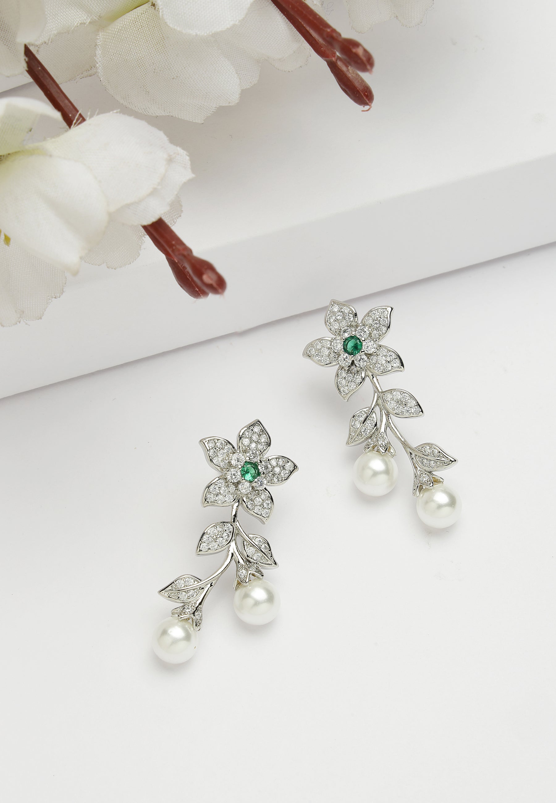 Cubic Zirconia Floral Drop Earrings