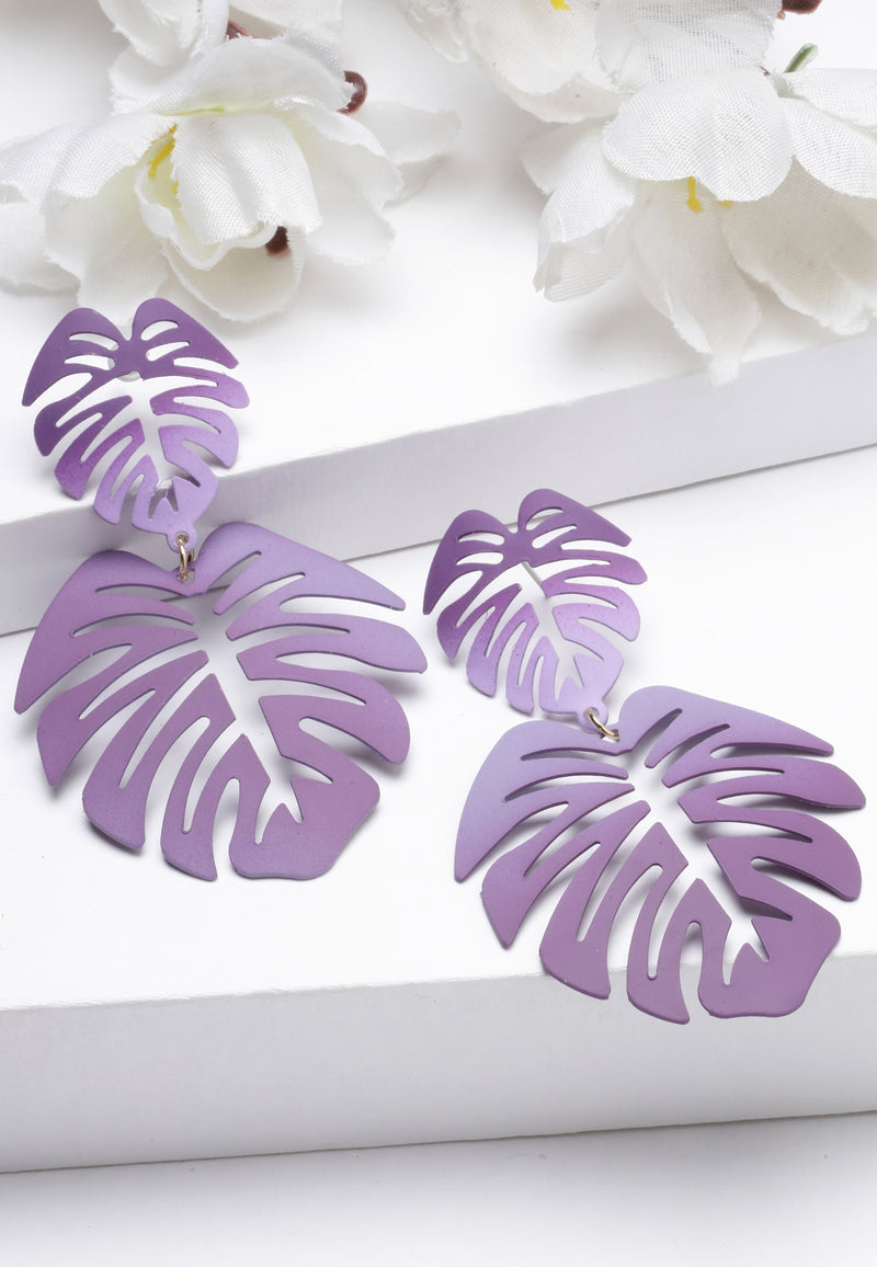 Boucles d'oreilles pendantes feuille de palmier lilas